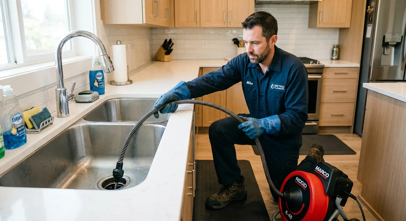 Drain cleaning technician using a motorized snake on a kitchen sink in Kingsland