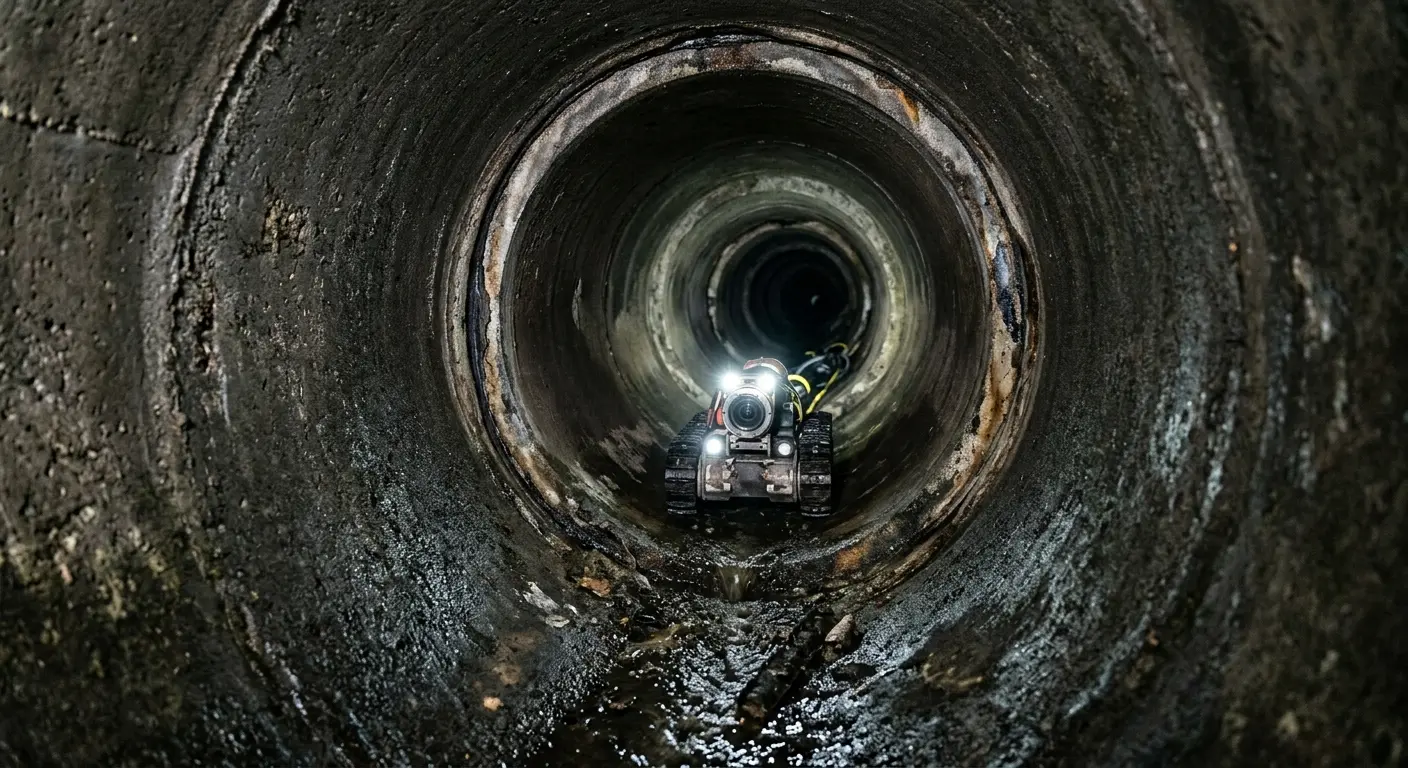 Robotic sewer camera inspecting pipe interior for Sewer Line Cleaning in Kingsland