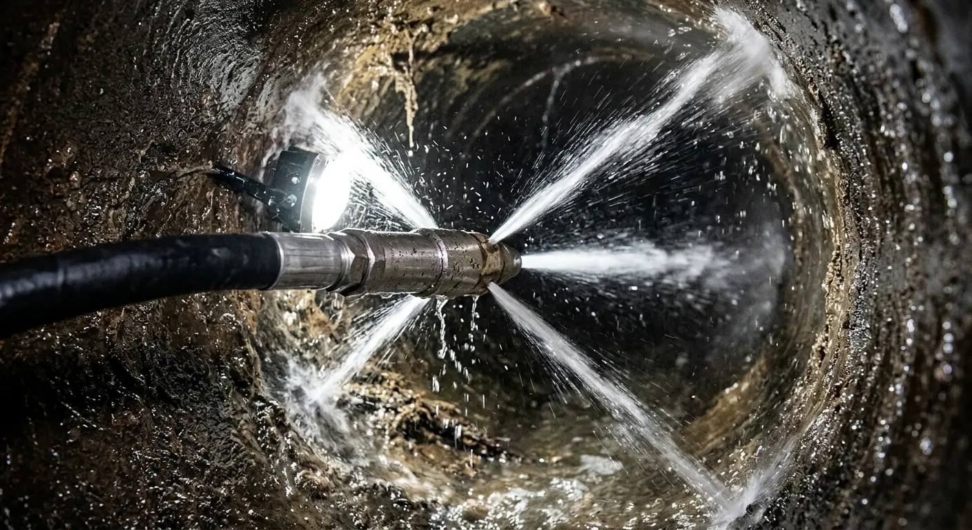 High-pressure hydro jetting nozzle cleaning sewer pipe for Emergency Drain Service in Kingsland