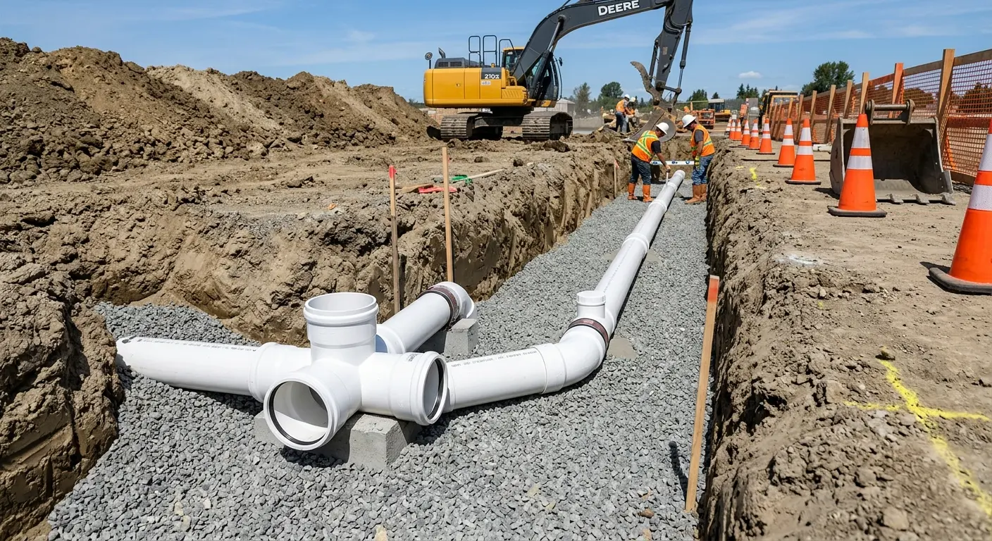 New PVC sewer pipe installation in open trench for Sewer Camera Inspection in Kingsland