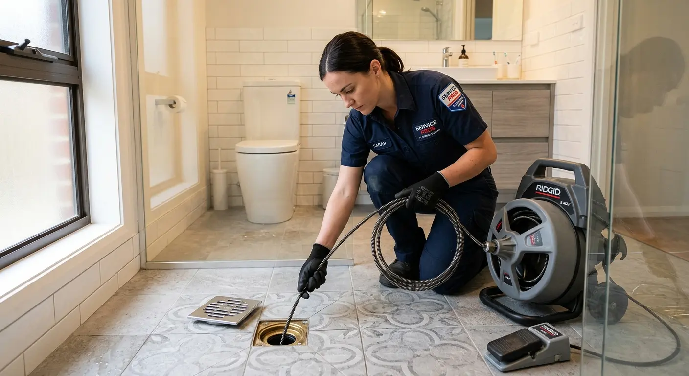 Technician clearing a bathroom floor drain for Sewer Line Replacement in Kingsland
